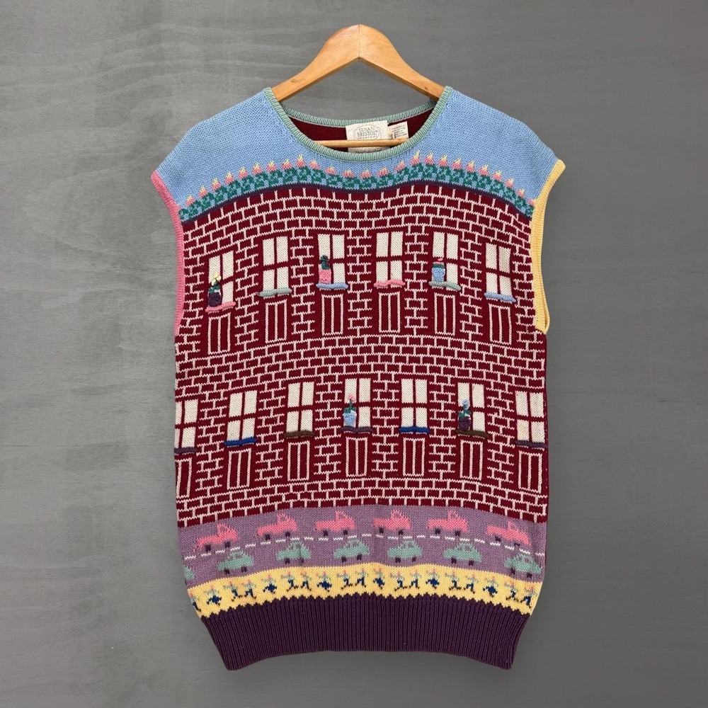 Vintage Susan Bristol Sweater Vest Red Novelty Hand Embroidered Brick House 34